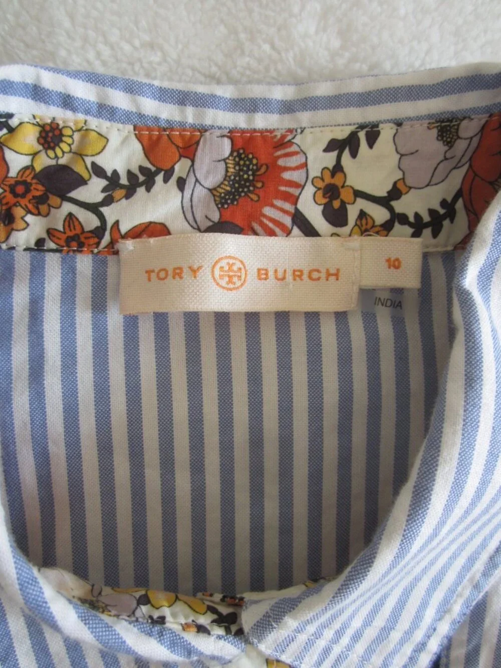 TORY BURCH Striped Button Up Shirt Floral Front Panel Women's 10